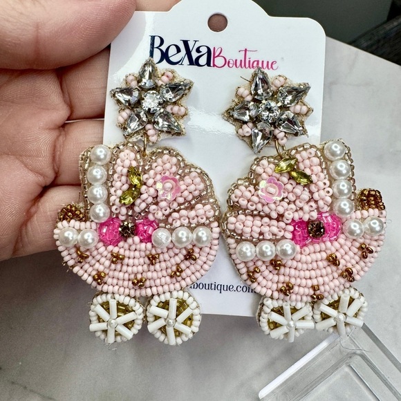 Whimsical Pink and White Carriage Earrings - Picture 1 of 4